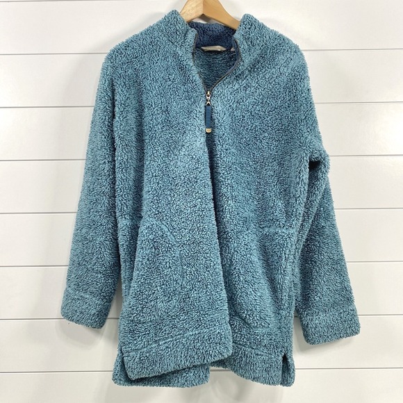 Soft Surroundings Womens Luxe Faux Sherpa 1/4 Zip Pullover size M Teal Comfy - Picture 1 of 10